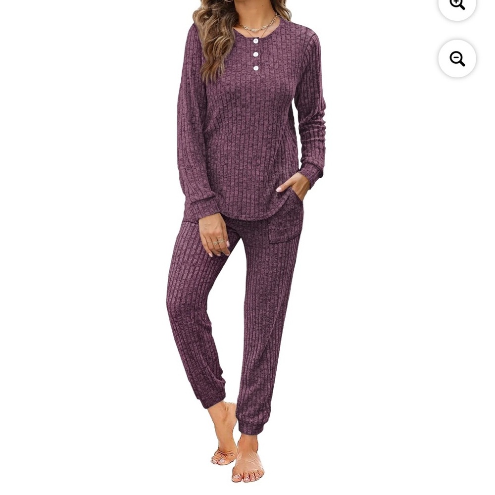Ribbed Henley Lounge Pajama Set - Plum - Picture 2 of 7